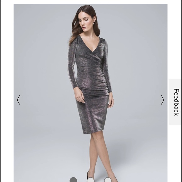 Long-Sleeve Silver Sparkle Knit Ruched Sheath Dress New - size 2, and 8 Avail. - Picture 1 of 10